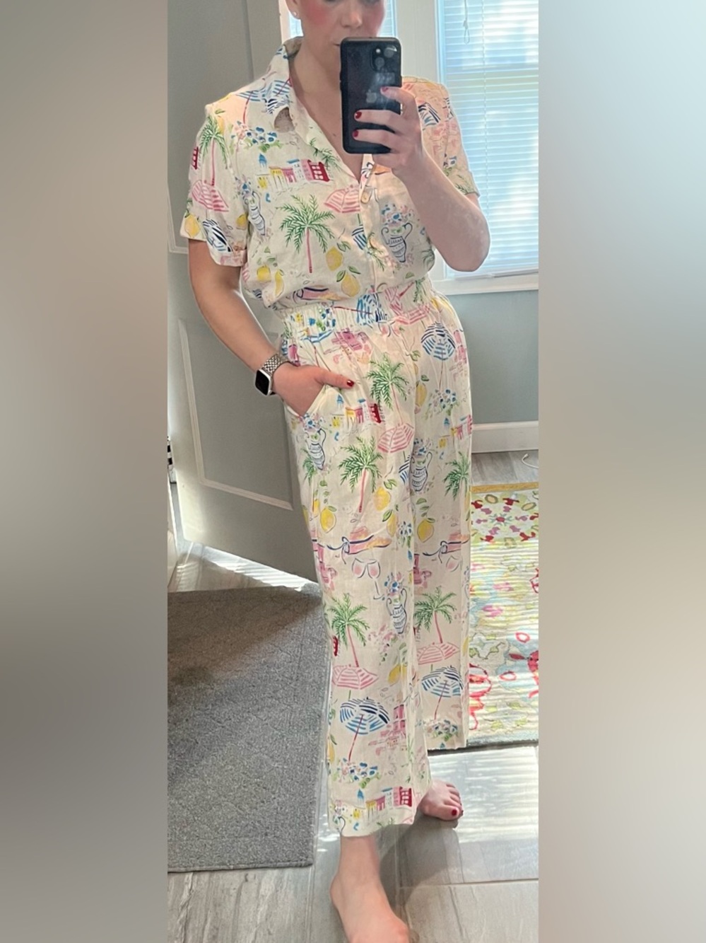 Calypso St. Barth Linen Two Piece Set Tropical Print Wide-Leg Cropped Size M